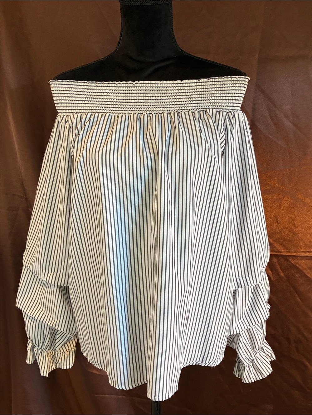 Passport white pin striped off the shoulder boxy fit long balloon sleeves top L
